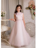 Pearl Neck Blush Pink Satin Tulle Ankle Length Flower Girl Dress